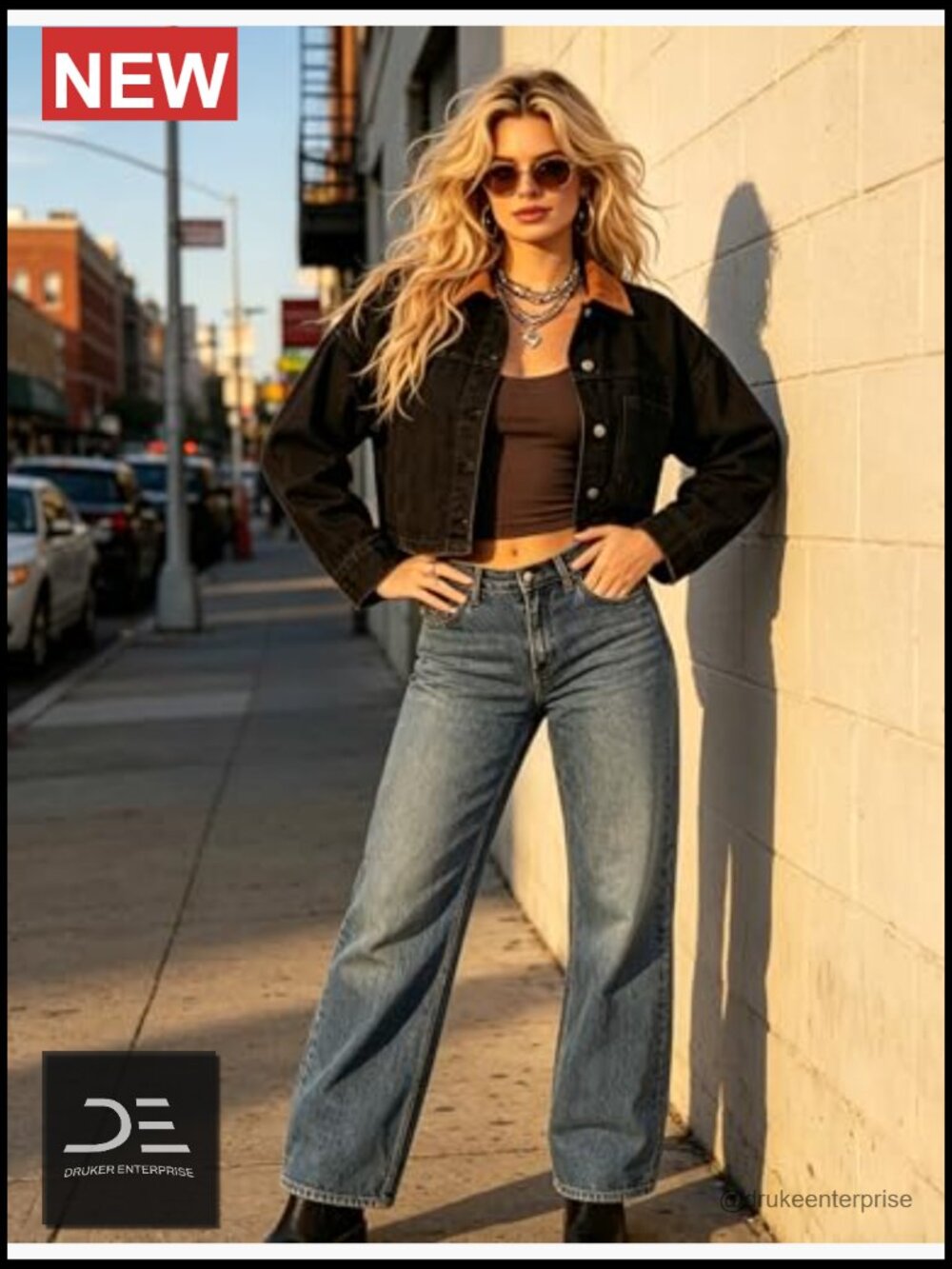 Cropped Oversized Denim Jacket Color Block Patchwork Long Sleeve Trucker Coat - Picture 6 of 7